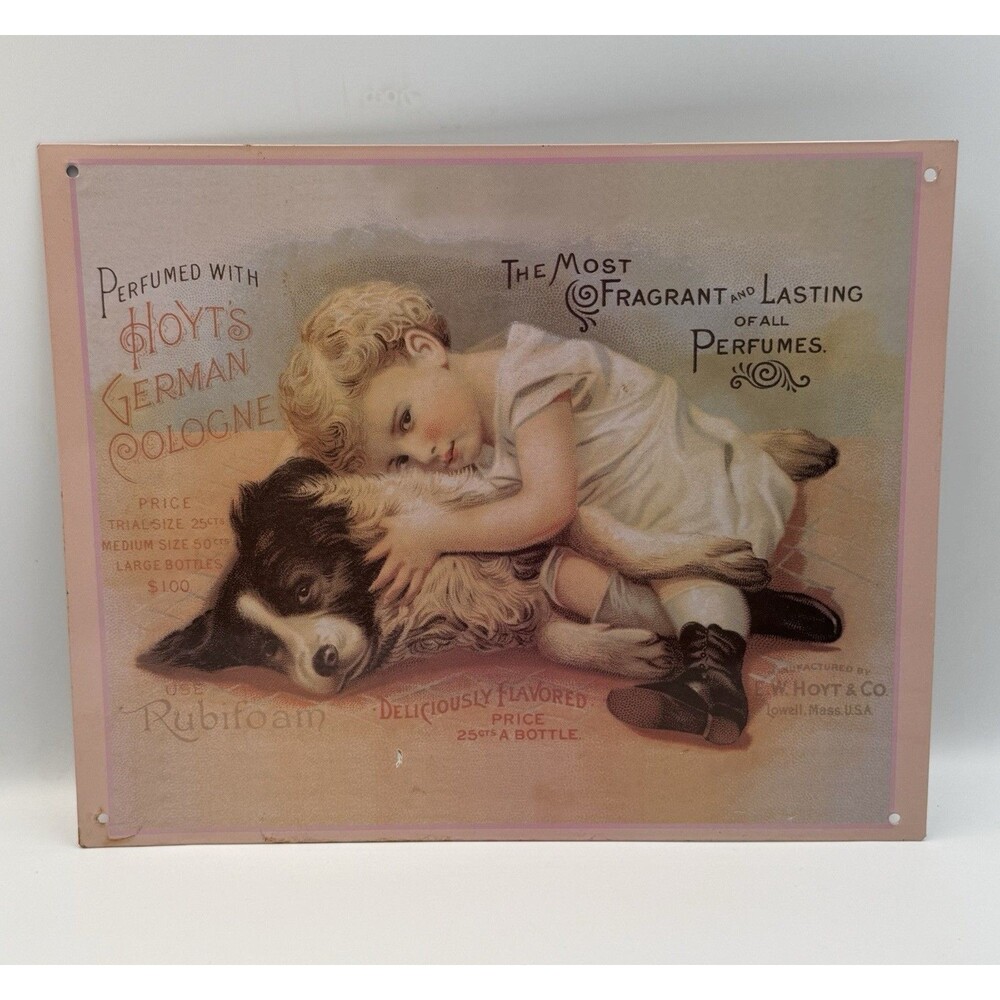 PERFUMED WITH HOYT'S GERMAN COLOGNE Girl with Dog Metal Tin Sign Ad Reproduction